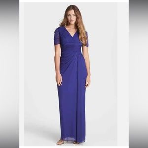 Adrianna Papell Women's Size 2P Petite Draped Ruched Mesh Maxi Dress Indigo Blue